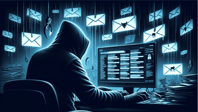 phishing email attacks - illustration of a hacker sending a phishing email